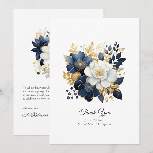 Carte De Remerciements Mariage floral marine, blanc et or (Devant / Derrière)