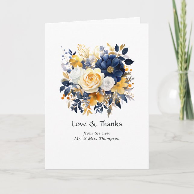 Carte De Remerciements Mariage floral marine, blanc et or (Devant)