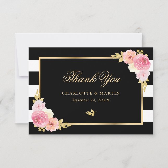 Carte De Remerciements Mariage floral noir blanc rayures doré rose (Devant)