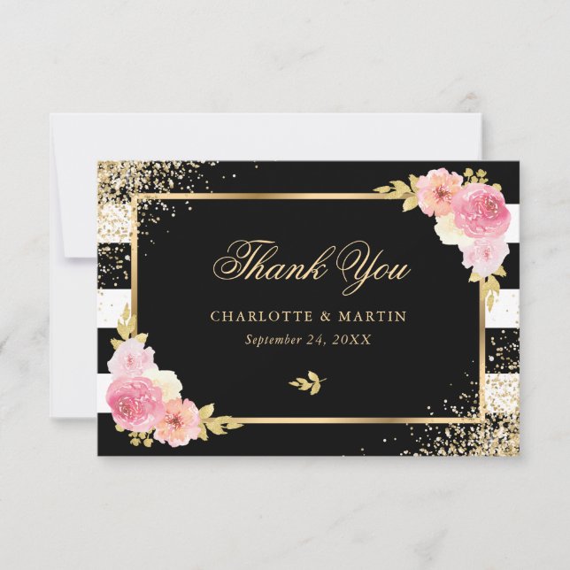Carte De Remerciements Mariage floral noir blanc rayures doré rose (Devant)