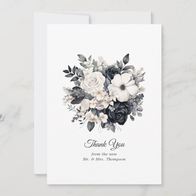 Carte De Remerciements Mariage floral noir et blanc (Devant)