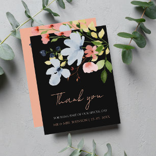 Carte De Remerciements Mariage floral noir et rose simple Boho