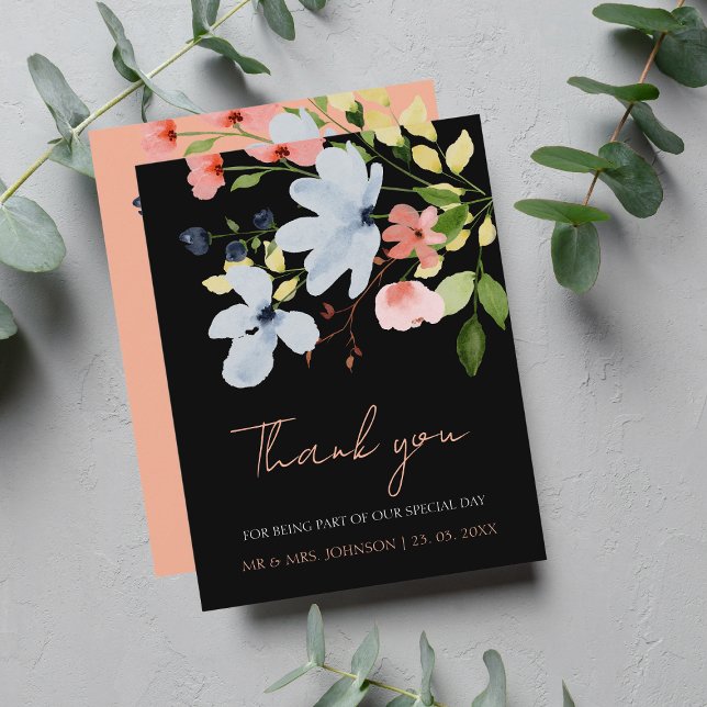 Carte De Remerciements Mariage floral noir et rose simple Boho (Créateur téléchargé)