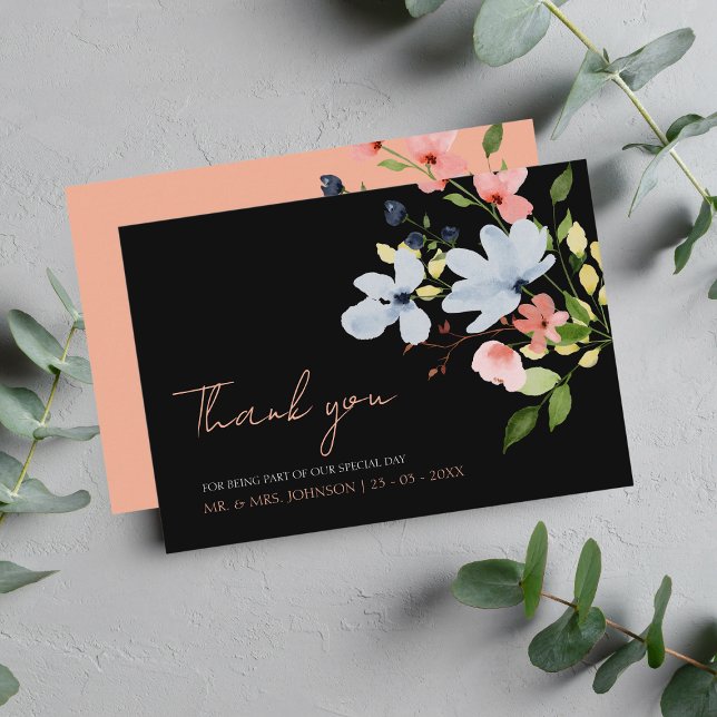 Carte De Remerciements Mariage floral noir et rose simple Boho (Créateur téléchargé)