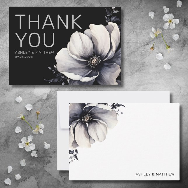 Carte De Remerciements Mariage Floral noir moderne (Modern Black Floral Wedding Thank You Card)