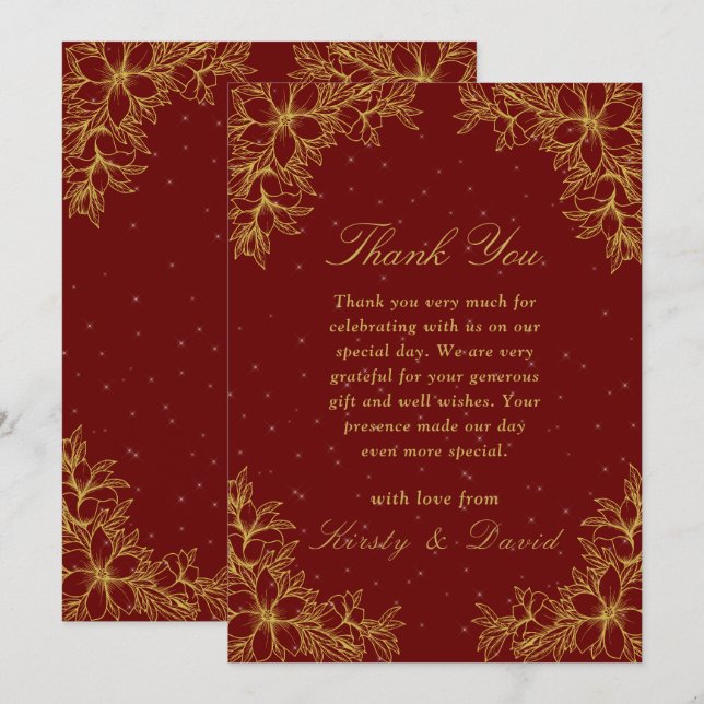 Carte De Remerciements Mariage Floral Orné Or (Devant / Derrière)