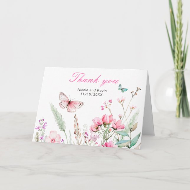 Carte De Remerciements Mariage Floral Papillon Rose de Printemps (Devant)
