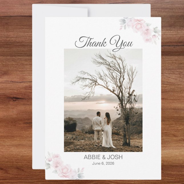 Carte de remerciements Mariage floral romantique (Romantic Floral Photo Wedding Thank You with elegant and modern script)