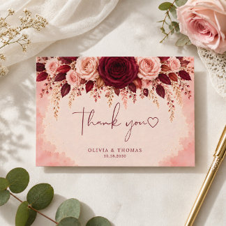 Carte De Remerciements Mariage floral rose élégance Bourgogne aquarelle