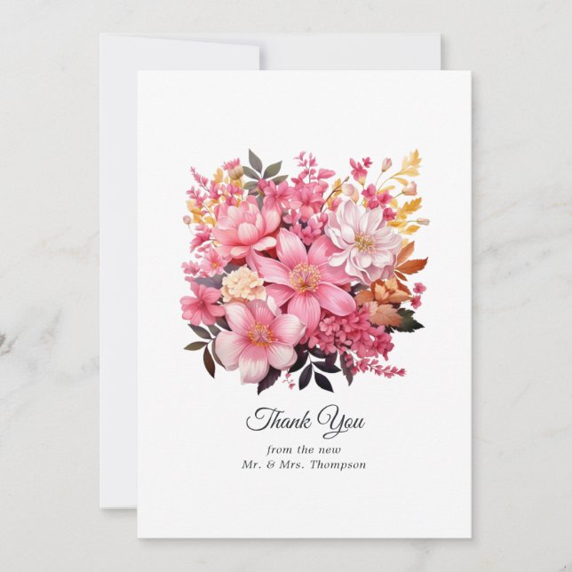 Carte De Remerciements Mariage floral rose et or (Devant)
