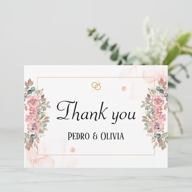 Carte De Remerciements Mariage floral rose moderne (Debout devant)