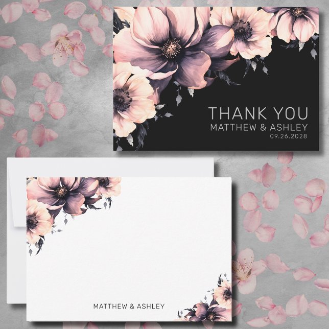 Carte De Remerciements Mariage floral rose moderne (Elegant Modern Pink Black Floral Wedding Thank You Card)