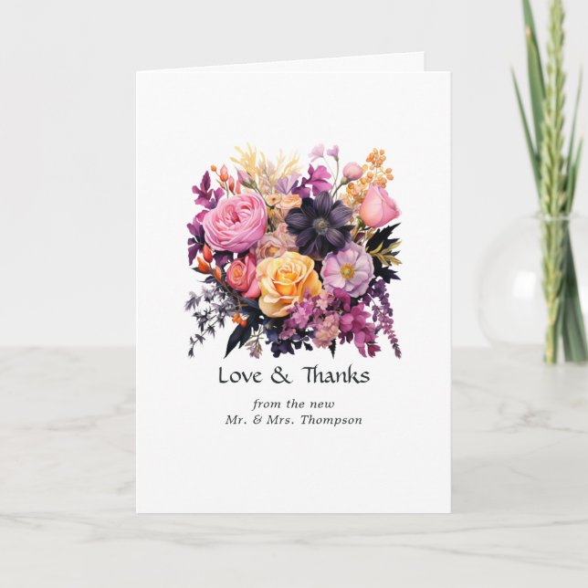 Carte De Remerciements Mariage floral rose, violet, noir et or (Devant)