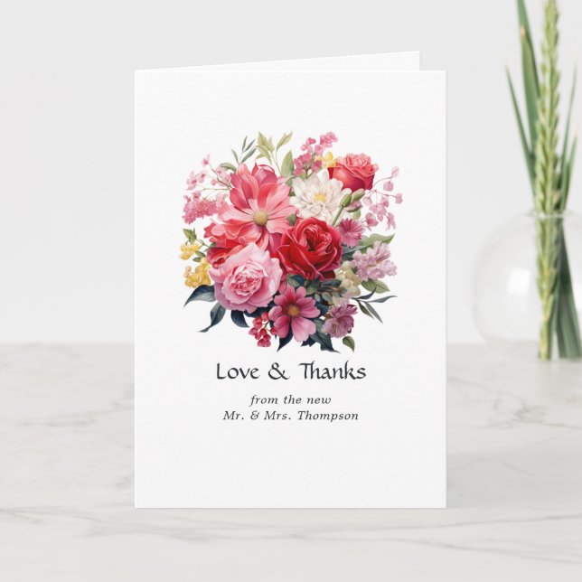 Carte De Remerciements Mariage floral rouge, rose et vert (Devant)