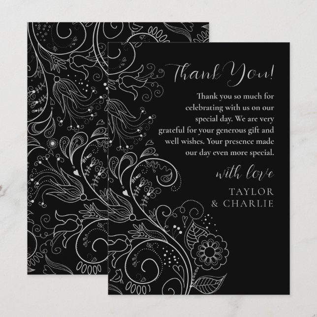 Carte De Remerciements Mariage floral soyeux et noir (Devant / Derrière)