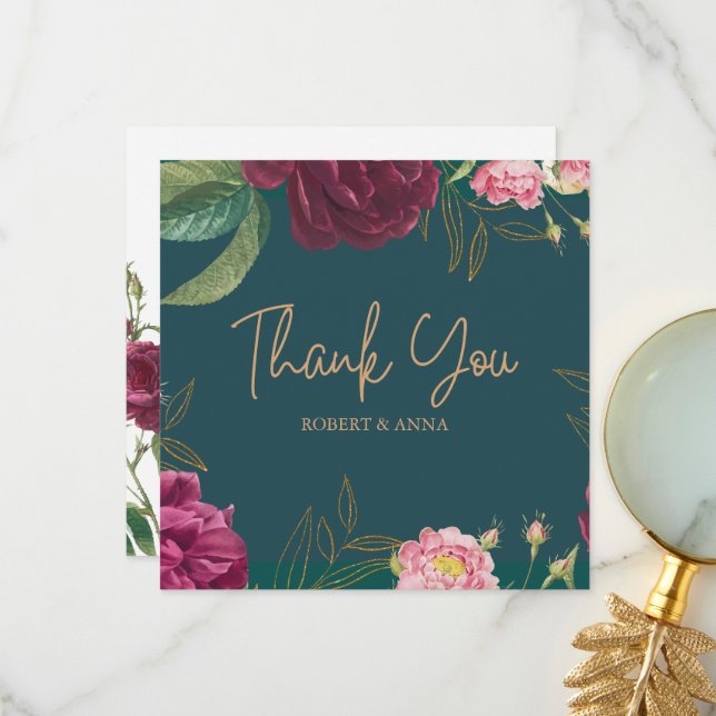 Carte De Remerciements Mariage floral vert émeraude (Devant/Arrière en situation)