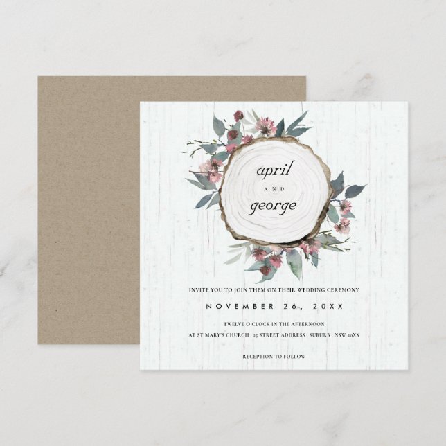 CARTE DE REMERCIEMENTS MARIAGE FLORAL VERT ROSE EN BOIS RUSTIQUE INVITER (Devant / Derrière)