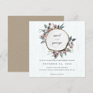 CARTE DE REMERCIEMENTS MARIAGE FLORAL VERT ROSE EN BOIS RUSTIQUE INVITER