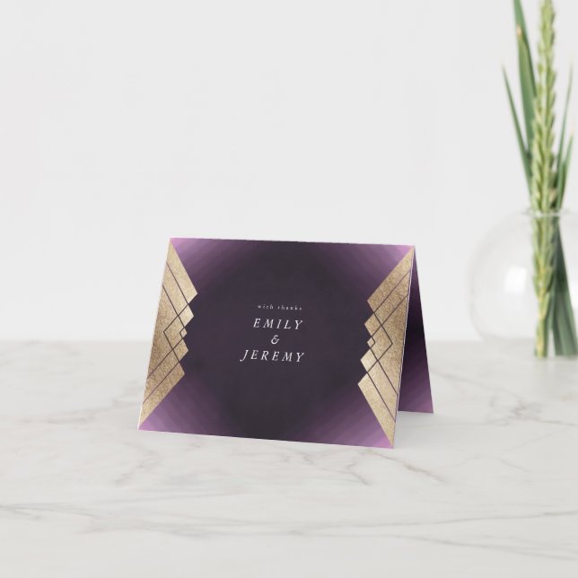 Carte De Remerciements Mariage Gatsby d'or violet géométrique (Devant)