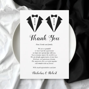 Carte De Remerciements Mariage gay de deux mariés en smoking noir et blan