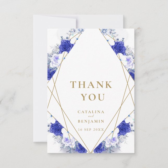 Carte De Remerciements Mariage géométrique bleu bleu violet or (Devant)
