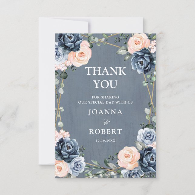 Carte De Remerciements Mariage géométrique floral bleu poussiéreux pêche  (Devant)