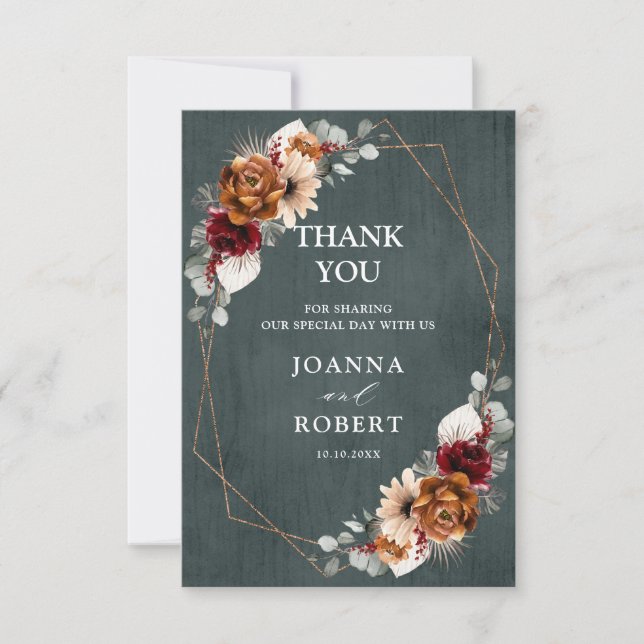 Carte De Remerciements Mariage géométrique floral burgundy Terre cuite  (Devant)
