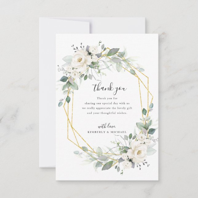 Carte De Remerciements mariage géométrique floral or et blanc (Devant)