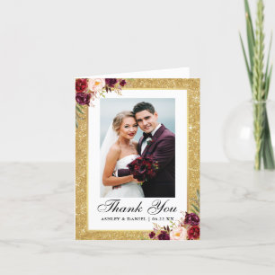 Carte De Remerciements Mariage Gold Parties scintillant Bourgogne Floral