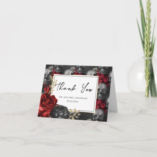 Carte De Remerciements Mariage gothique rouge noir floral (Devant)