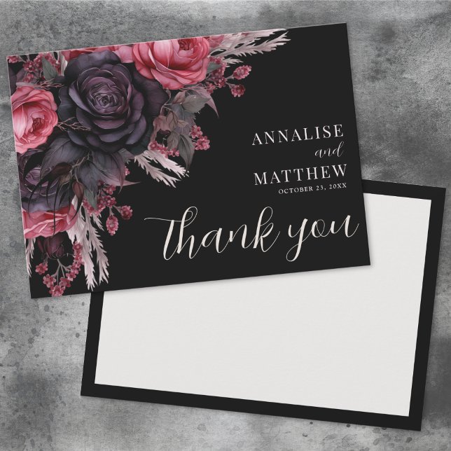 Carte De Remerciements Mariage gothique rouge noir floral (Gothic Red Black Floral Wedding Thank You Card)