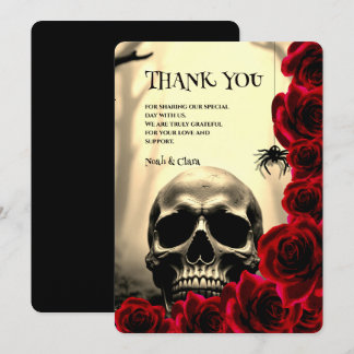 Carte De Remerciements Mariage Halloween Black Gothic Skull et Roses Roug