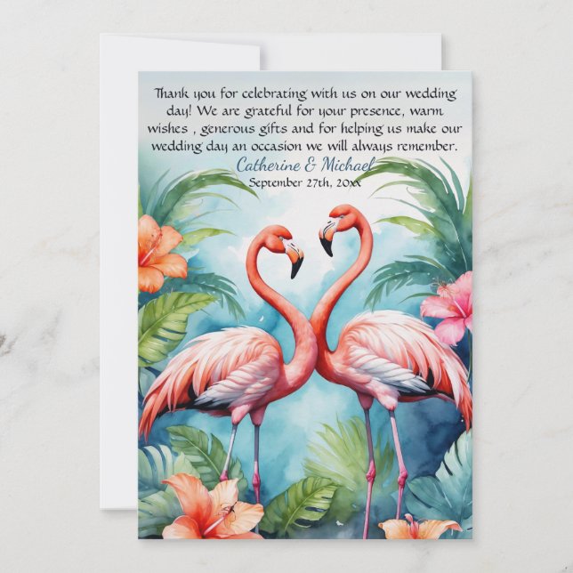 Carte De Remerciements Mariage Hawaïen aux Flamants Roses Hibiscus (Devant)