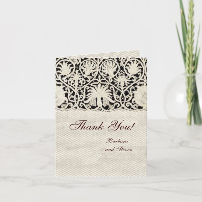 Carte De Remerciements Mariage Lin Lace Antique Blanc Classique Joli (Devant)