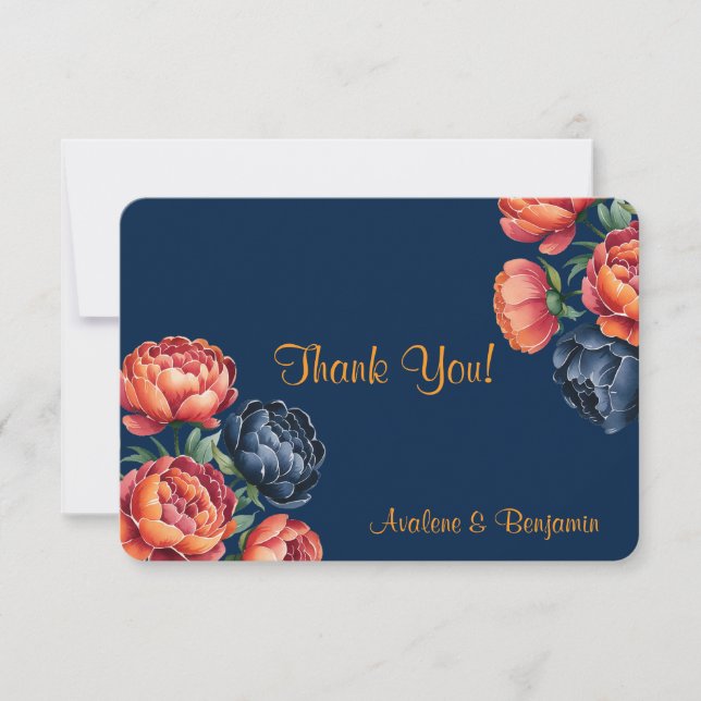 Carte De Remerciements Mariage Marine et Orange Peony (Devant)
