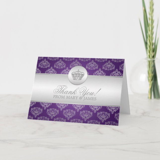 Carte De Remerciements Mariage "Merci" Couronne royale pourpre (Devant)