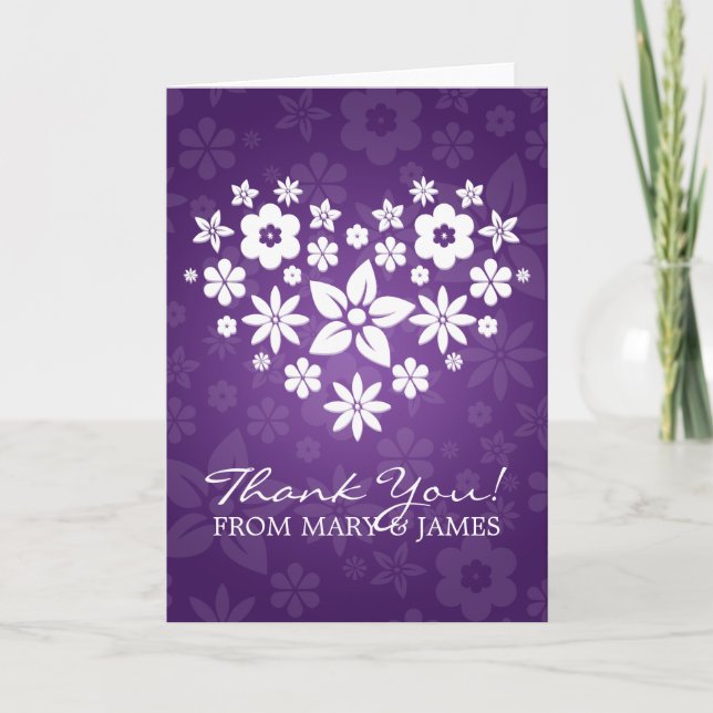 Carte De Remerciements Mariage "Merci" Fleur Coeur pourpre (Devant)