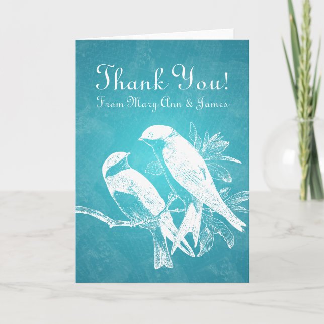 Carte De Remerciements Mariage "Merci" Oiseaux de l'amour Bleu (Devant)