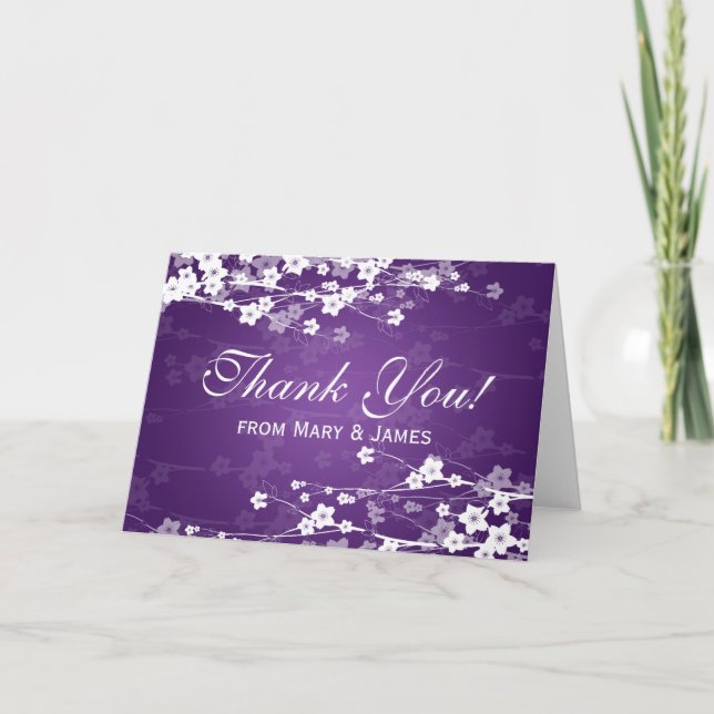 Carte De Remerciements Mariage "Merci"  Violet Cerisier Fleurissant (Devant)
