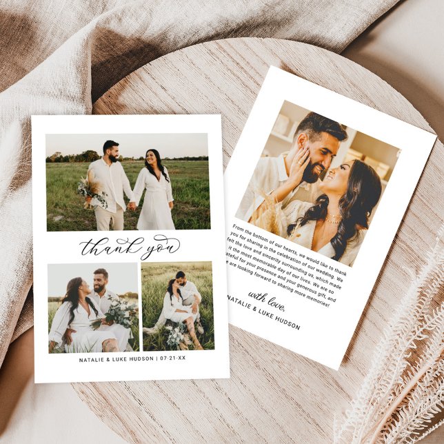 Carte De Remerciements Mariage moderne avec script de collage de 3 photos (Créateur téléchargé)