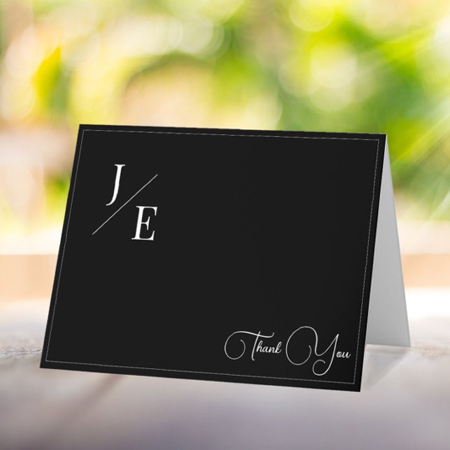 Carte De Remerciements Mariage monogramme minimal | Noir (Black Minimalist Monogram Wedding Thank You Card)