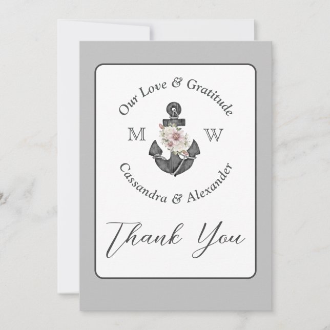 Carte De Remerciements Mariage nautique Ancre florale gris et blanc (Devant)