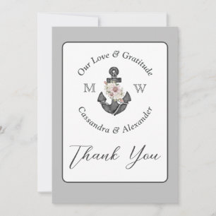 Carte De Remerciements Mariage nautique Ancre florale gris et blanc