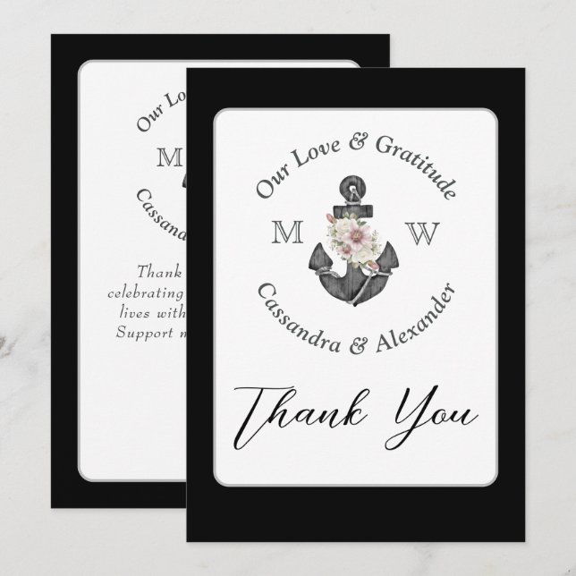 Carte De Remerciements Mariage nautique Ancre florale noir et blanc (Devant / Derrière)