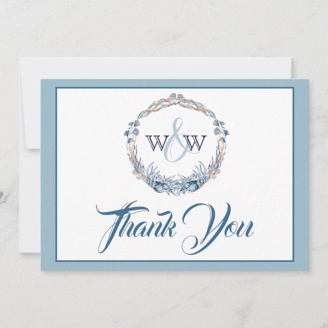 Carte De Remerciements Mariage nautique Floral Ancre Marine bleu et rose (Devant)