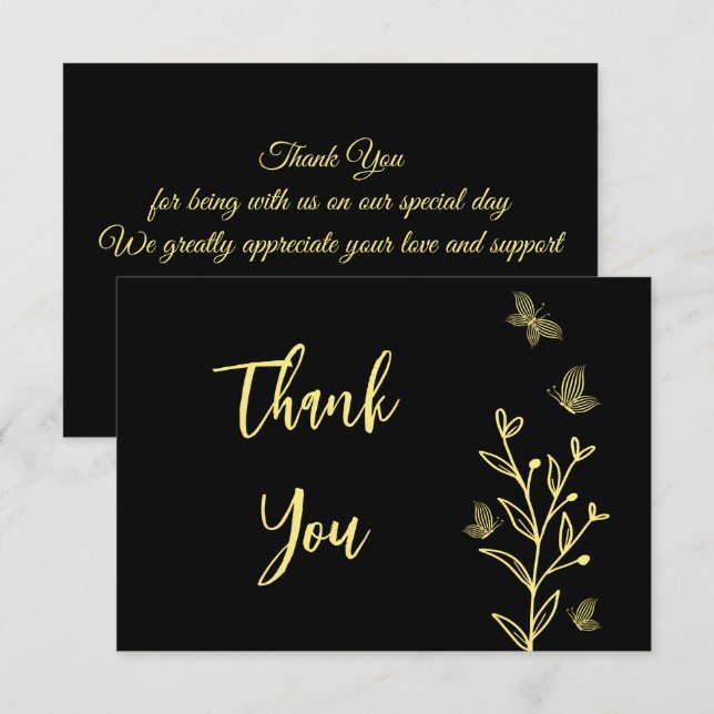 Carte De Remerciements Mariage noir fleur d'or simple (Devant / Derrière)
