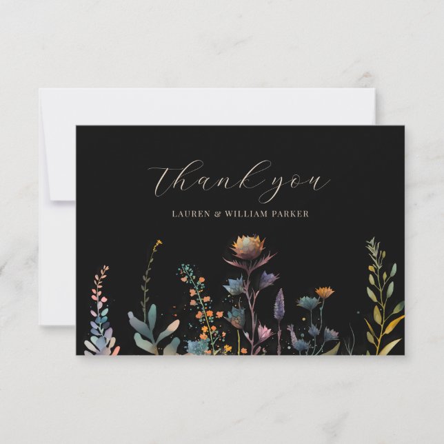Carte De Remerciements Mariage noir floral élégant (Devant)