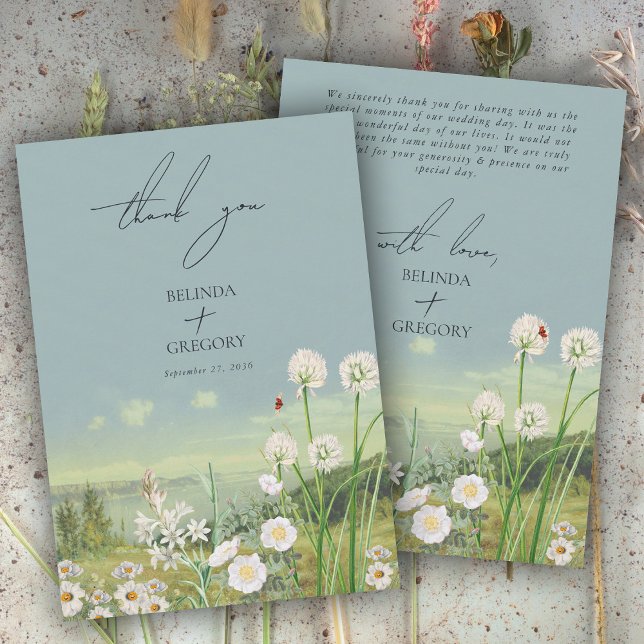 Carte De Remerciements Mariage Paysage de montagne Fleur sauvage aquarell (Watercolor Wildflower Mountain Landscape Wedding Thank You Card)