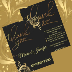 Carte De Remerciements Mariage Personnalisé Élégant Noir Et Or