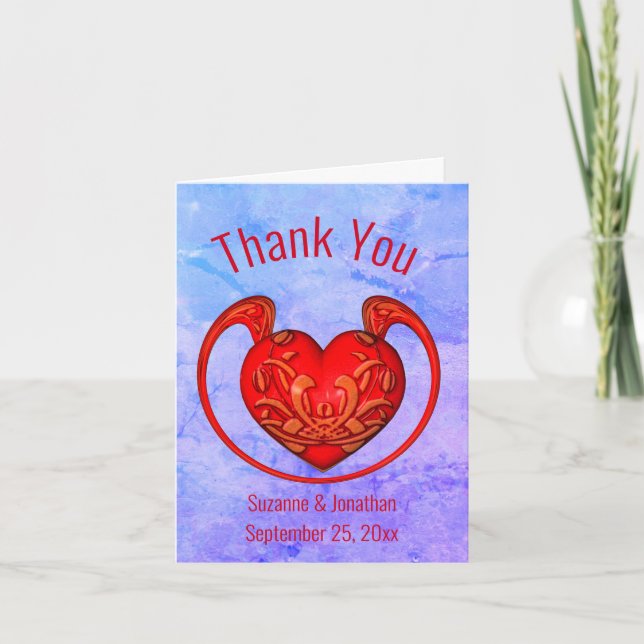 Carte De Remerciements Mariage personnalisé Ornate Red Heart (Devant)